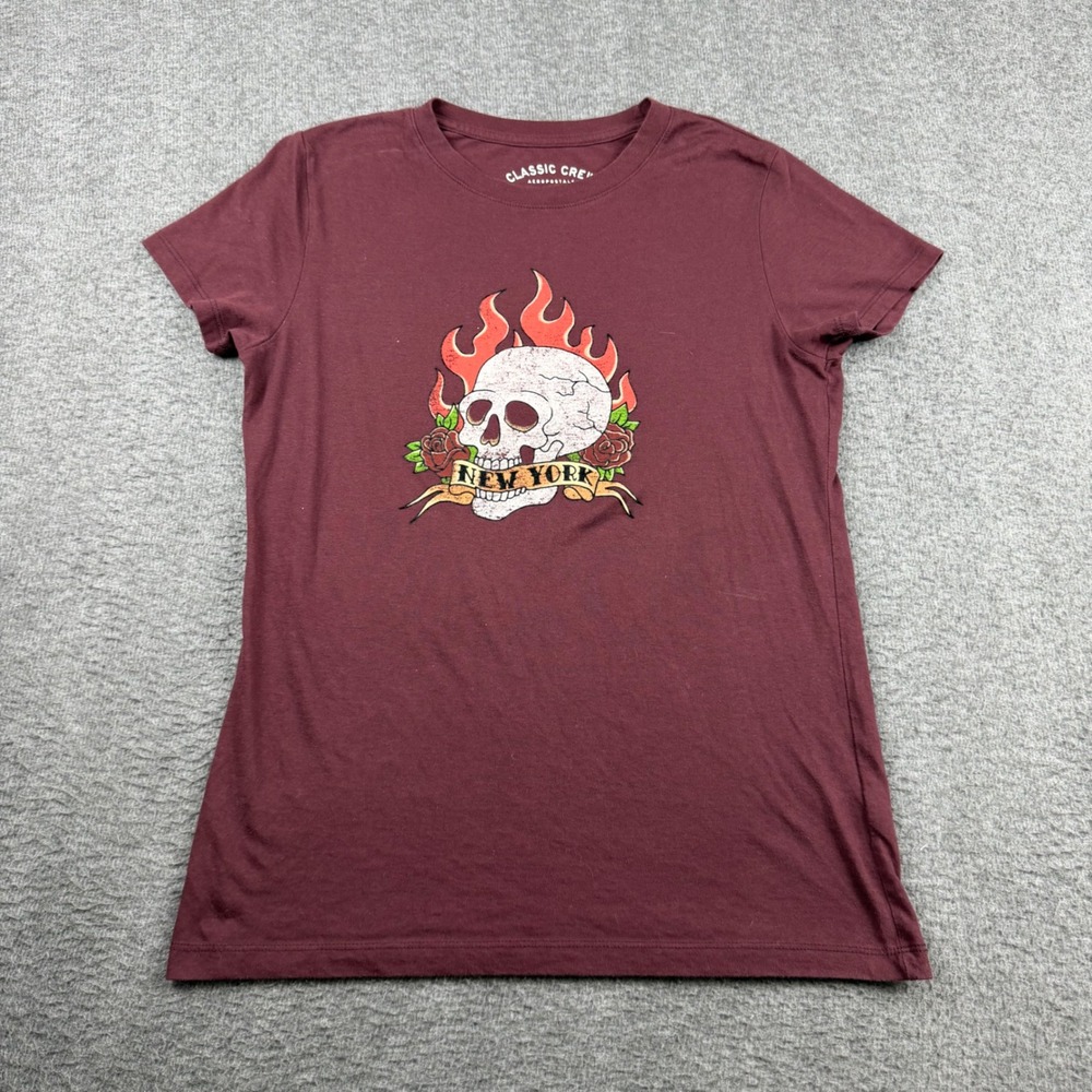 Aeropostale Classic Crew T-Shirt Women's Large Burgundy Skull Flame New York Tee
